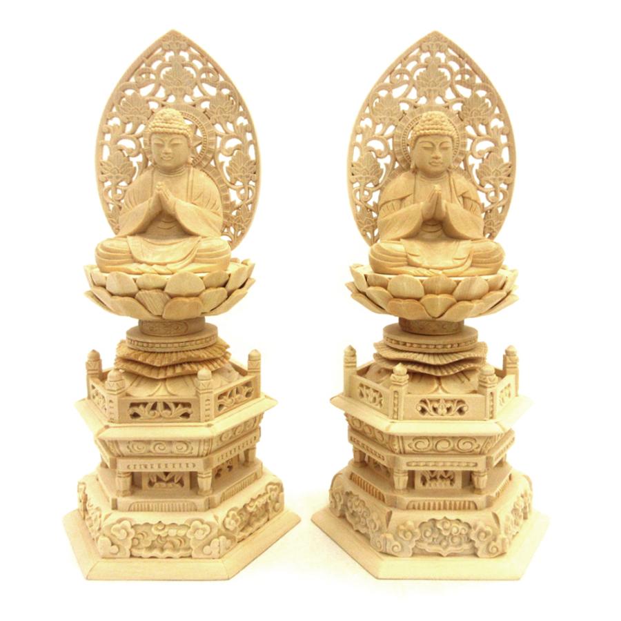 仏像 両尊像（釈迦如来・多宝如来） 2.0寸 草光背 六角台 桧木 法華宗