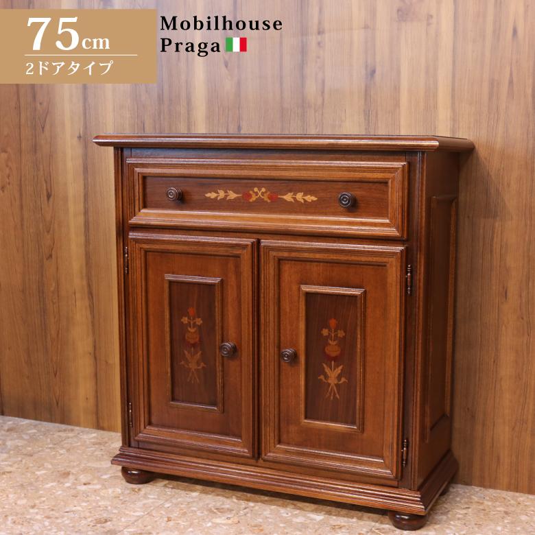 イタリア 2ドア ローキャビネット サイドボード 茶 象嵌 丸脚 完成品