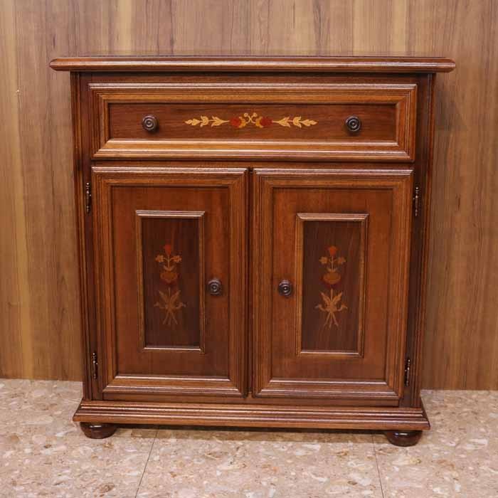 イタリア 2ドア ローキャビネット サイドボード 茶 象嵌 丸脚 完成品