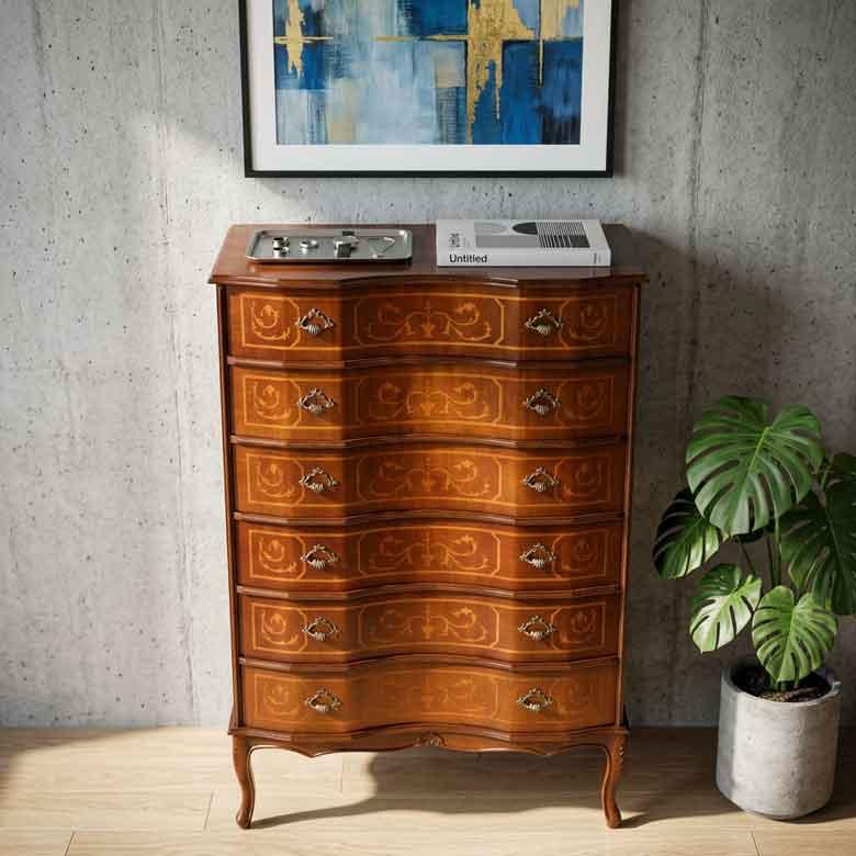 イタリア 7段 チェスト 茶 87cm 象嵌 ロココ調 家具 猫脚 丸脚 完成品