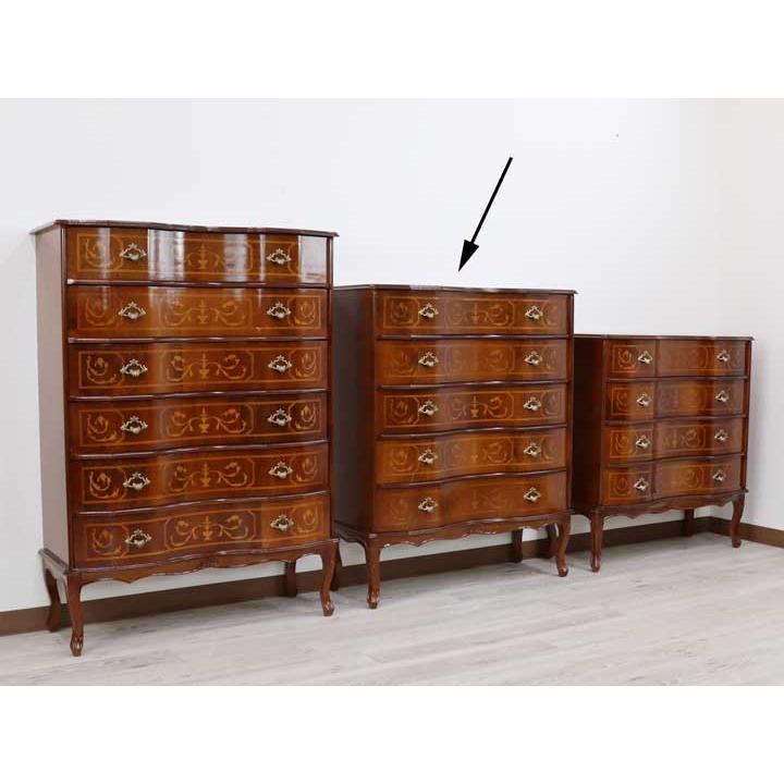 イタリア 5段 チェスト 茶 87cm 象嵌 ロココ調 家具 猫脚 完成品