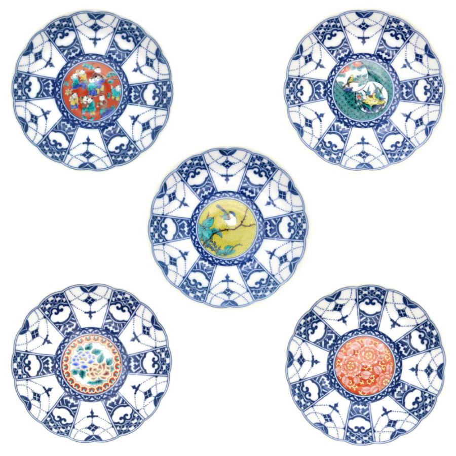 九谷焼 青風窯4号皿揃（5枚セット） 瓔珞紋時代画風SH-01 : 北山堂