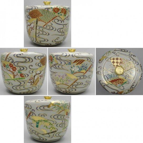 茶道具 皆具 色絵 膳所焼 扇面流し 岩崎新定作 陽炎園 膳所焼き 茶道