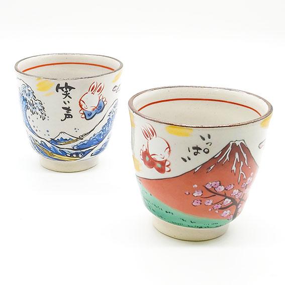 夕立窯 江戸の旅 湯呑み ペア 夫婦茶碗 湯飲み 組湯呑 うさぎ 富士山