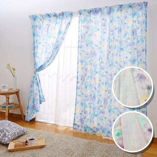 水彩 花柄 2枚重ね カーテン 綿100% 2枚組 幅100×178〜192cm丈 国産