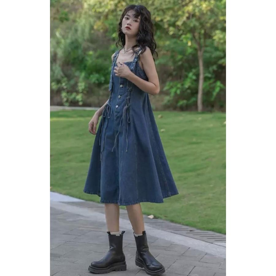 サロペットスカート デニム ジャンパースカート ワンピース 膝丈