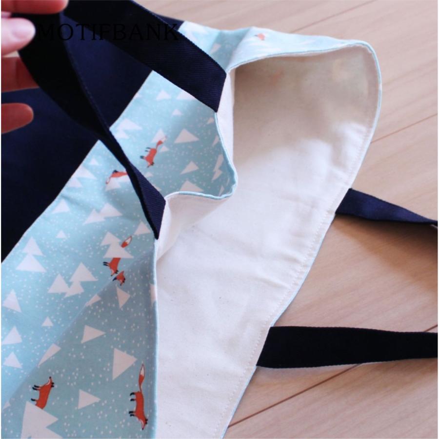 レッスンバッグ】 ハンドメイド (森とキツネ柄X紺） 裏地加工