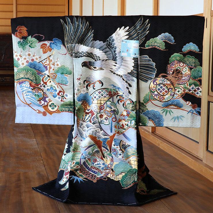 お宮参り 男の子 初着 産着 鷹に兜 黒色 正絹 一つ身 鷹 兜 松 堤太鼓