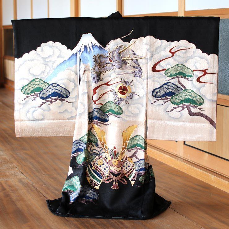 初着 産着 お宮参り 男の子 龍に兜 黒色 正絹 のしめ 一つ身 富士山 雲