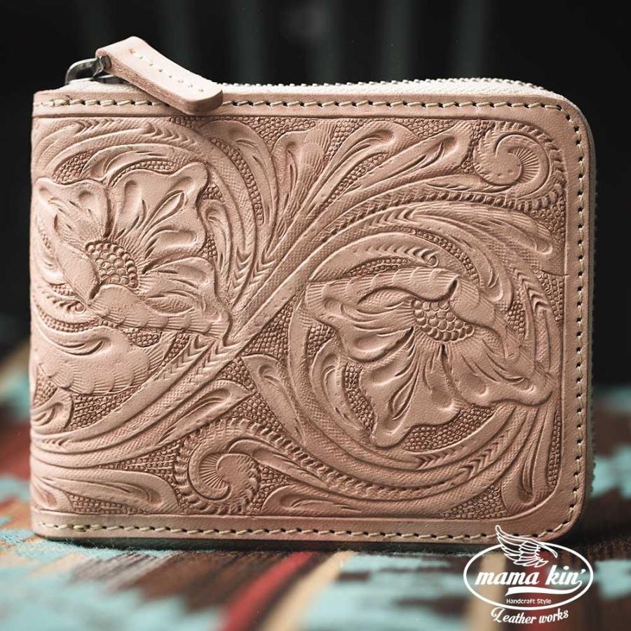 財布 ラウンドファスナー レザーカービング ジッパー ヌメ革 レザー