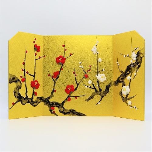 屏風 コンパクト ちりめん 小さい 手作り / 金屏風 紅梅図 押絵