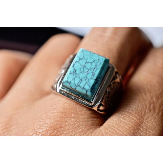 66 上品 天然 トルコ石 メンズ リング 四角 長方形 薄緑青 ターコイズ