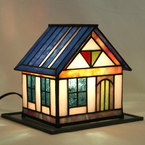 ステンドグラス ミニハウスランプ（B）水色の屋根 : ステンドグラス
