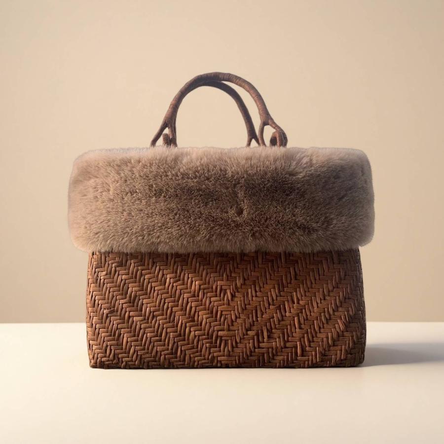 山葡萄籠バッグ 手作り 山葡萄かごバッグ 細ひご 内布あり ファー付き