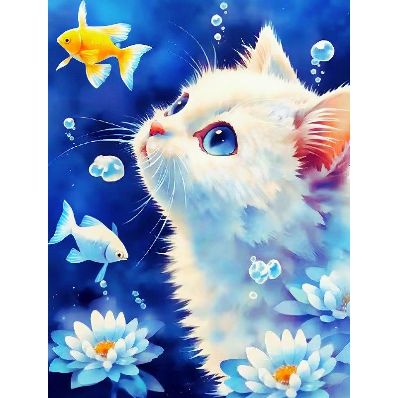 ダイヤモンドアート キット 猫と金魚 Golidfish 四角 丸 ABビーズ