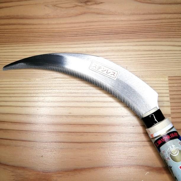 玉日本 ステン野菜収穫鎌 195mm木柄付 長刃 細目 先端鋸目 稲刈鎌 草取