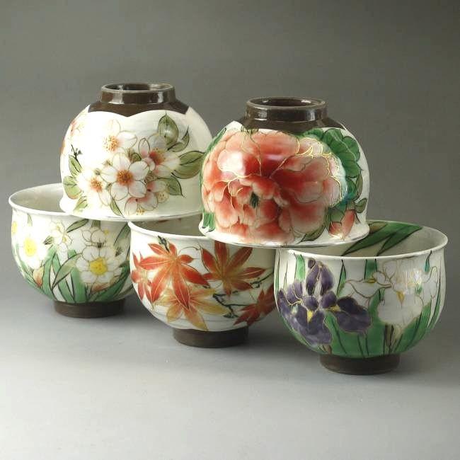 京焼 清水焼 四季彩五草花お茶呑茶碗揃え 陶あん : 松韻堂 Yahoo!店