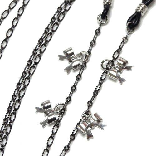 メール便 メガネチェーン リボン チャーム ブラックチェーン 眼鏡