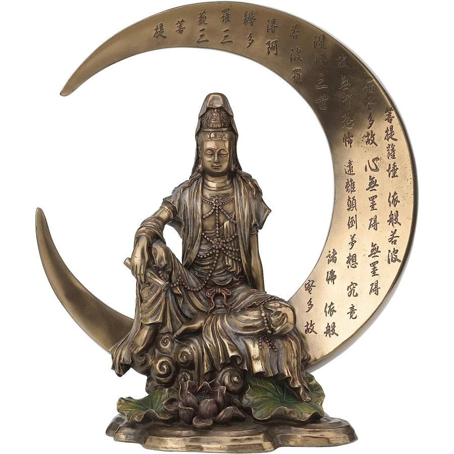 三日月に座る慈悲の水月観音彫刻 般若心経 観音菩薩彫像 仏像