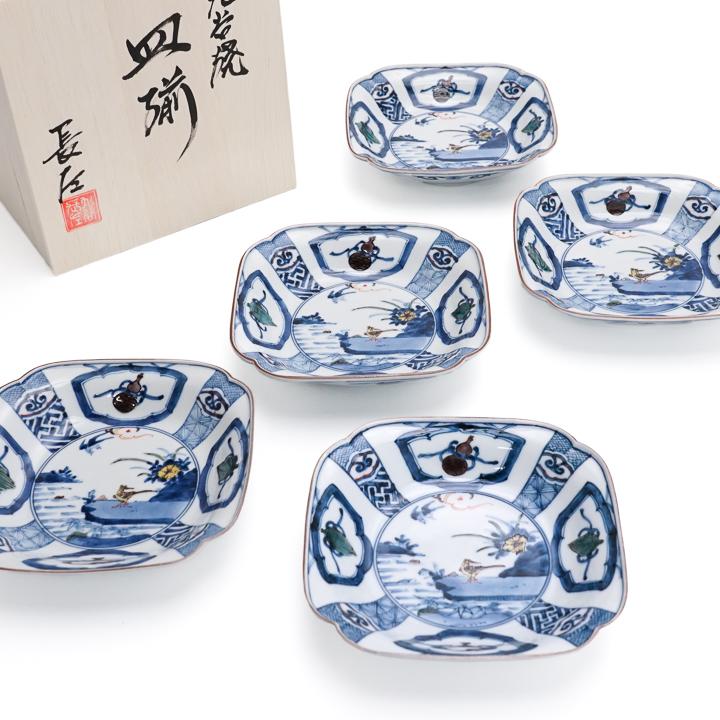 九谷焼 四方皿揃 染色桃花花鳥文 / 山本長左 【宮内庁御用窯】 5枚
