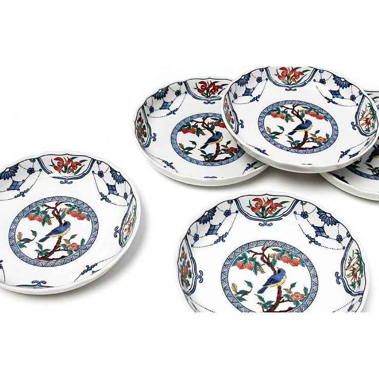 九谷焼 6号皿揃 染付瓔珞紋花鳥 / 青郊窯 和食器 皿 取り皿 人気