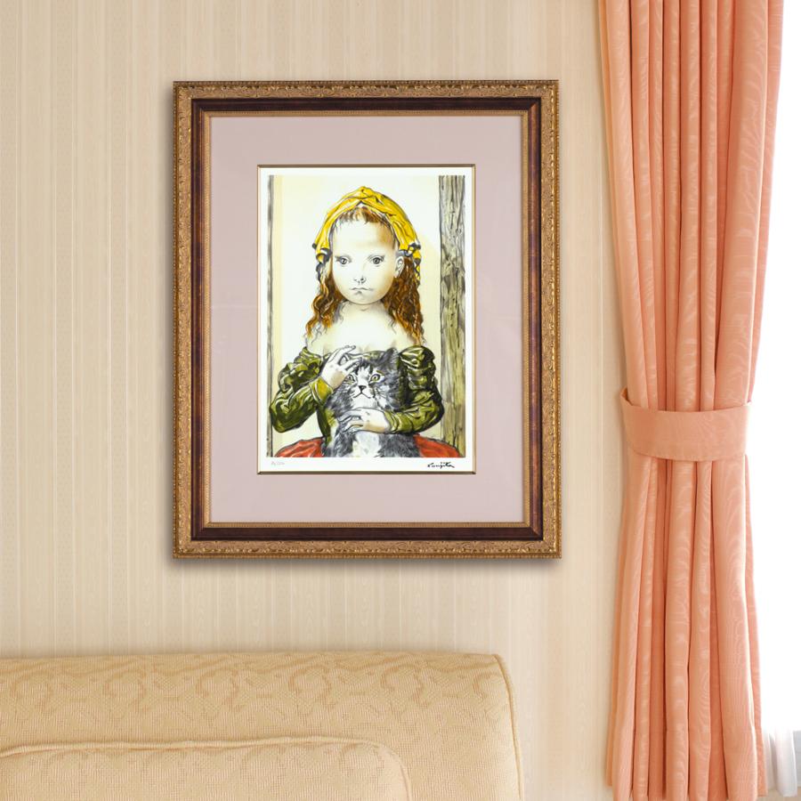 藤田嗣治 リトグラフ 額装 「 猫を抱く少女 」 レオナールフジタ 72