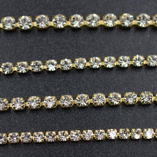 ラインストーン連爪チェーン SS6-SS12 クリスタル/ゴールド【1m