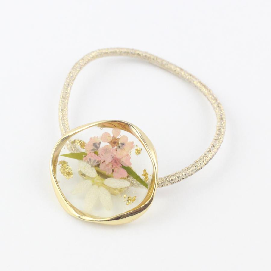 レジンヘアゴム ビジューピンク春夏大ぶり花形2