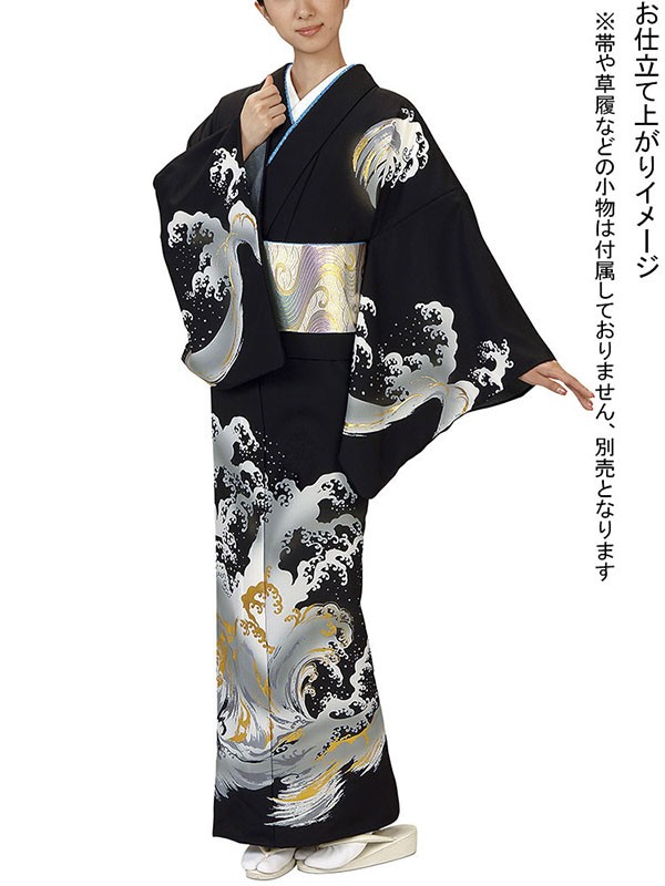 訪問着 着物 反物 女性 男性 踊り 絵羽 黒 荒波 洗える着物 : カメヤ