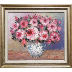 絵画 油絵 ミモザとカサブランカ （堀哲夫） 【肉筆】【油絵】【花