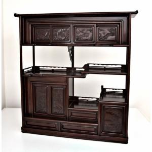 仕上げ直し完成品 飾り棚 唐木 紫檀 茶棚 台湾製品 7枚戸彫り 3.8尺