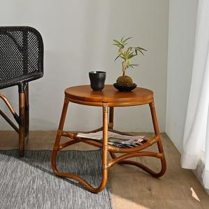 今枝商店 籐 円型テーブル ガラス天板 棚付 直径45cm （ カフェ