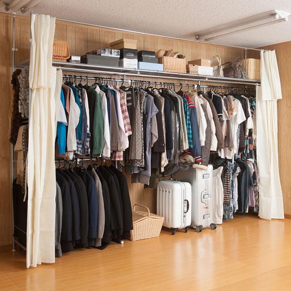 クローゼット ハンガーラック カーテン付 突っ張り式伸縮クローゼット