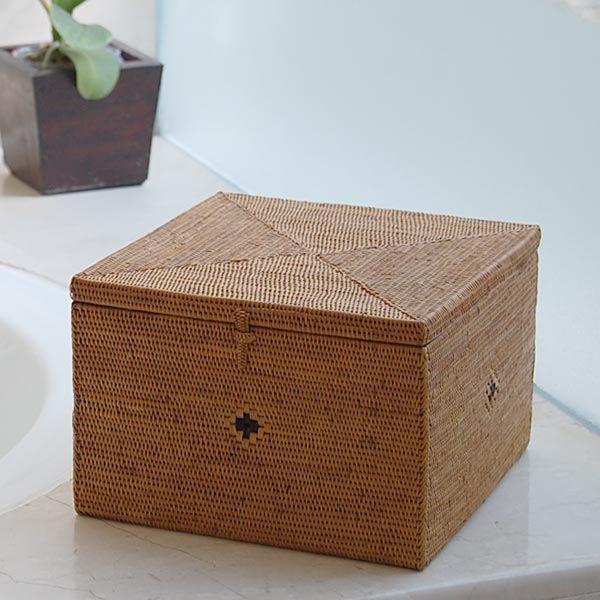 アジアン雑貨 アタ製大きなフタ付きボックス型バスケット Lタイプ