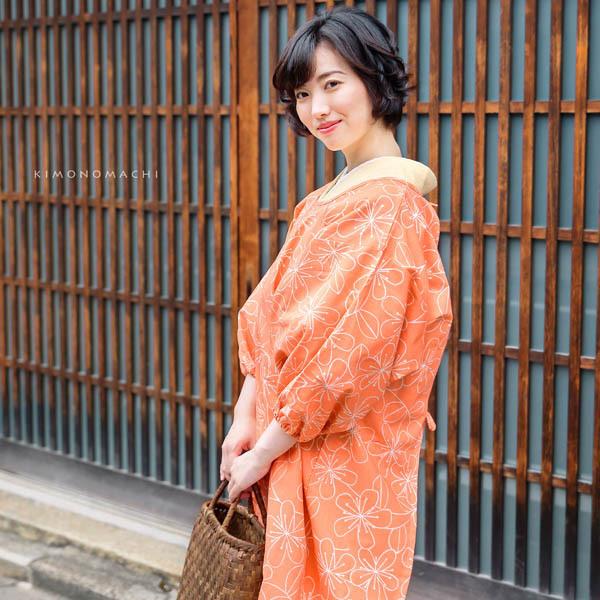 KIMONOMACHI 割烹着 おしゃれ 北欧 「オレンジピンク お花」実用的