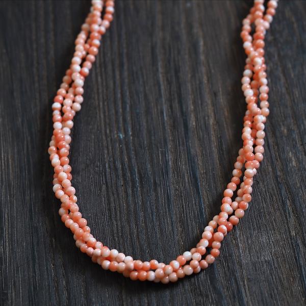 桃色珊瑚 3連 ツイストネックレス 52cm さんご サンゴ 太め 長め