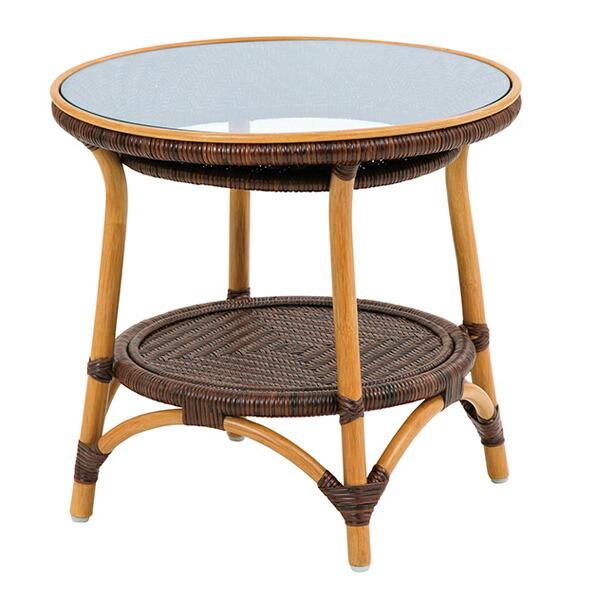 籐 ガラステーブル 丸型 ラタン家具 Handmade 直径55cm （ テーブル