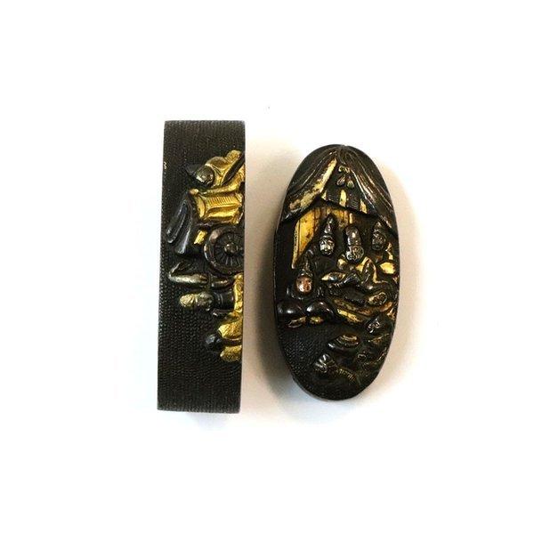 刀装具 f-80 縁頭 御所車・人物の図 赤銅魚子地 鍔・刀装具 : 日本刀