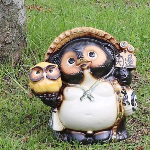 信楽焼 9号黄ふくろう持ち狸 たぬき ふくろう 狸 開運 縁起物 可愛い