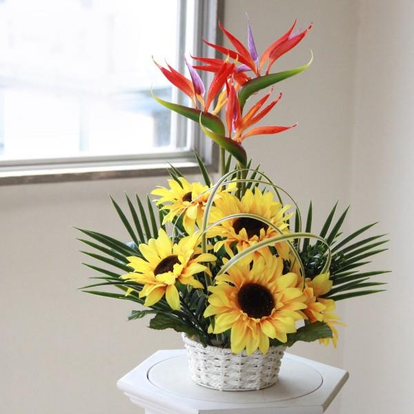造花 ひまわり アレンジ ストレチアと向日葵のバスケットアレンジ