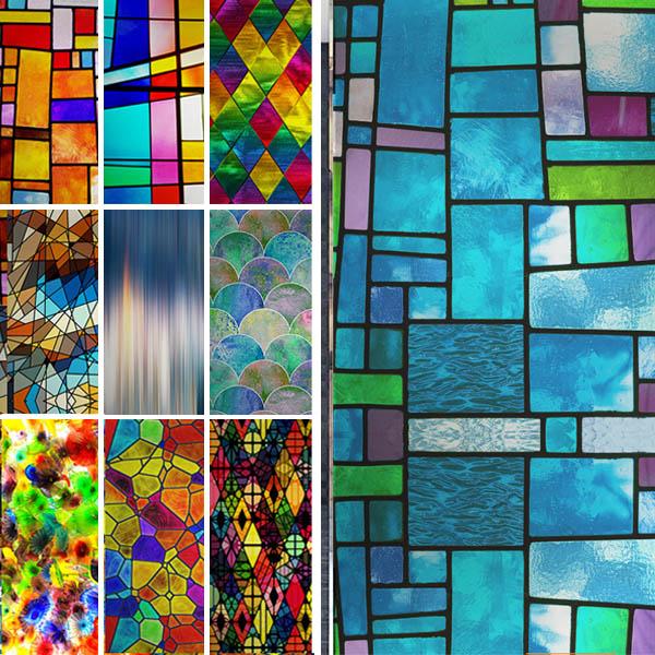 ガラスフィルム ステンドグラス柄 白背景 幾何学プリント カラフル