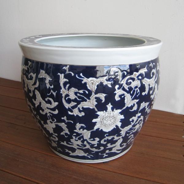青花丸大魚缶 白花藍底（大）14号鉢 水鉢 火鉢 睡蓮鉢 メダカ鉢