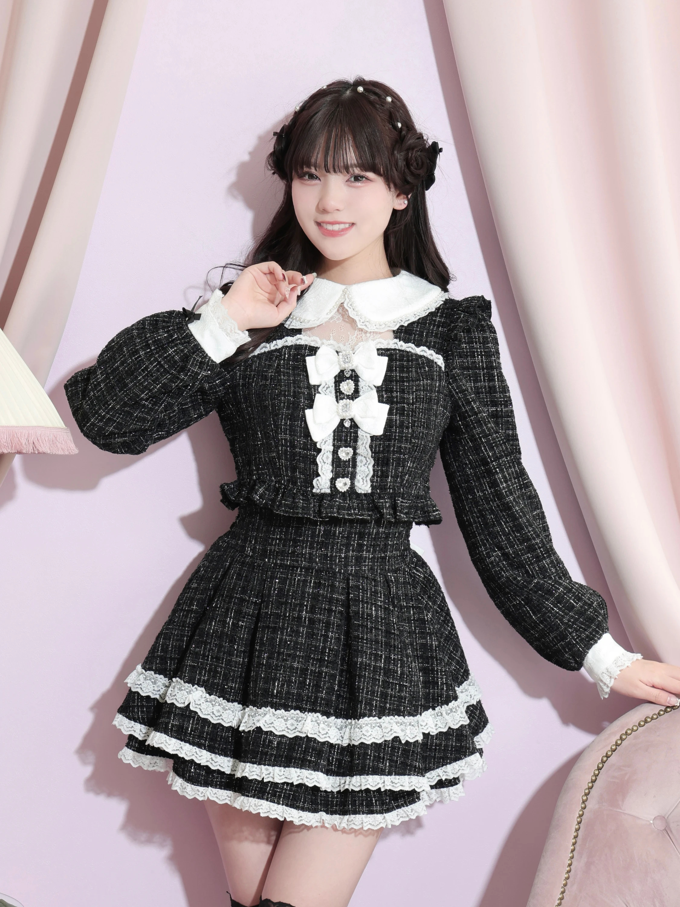 キラキラツイードデコルテレースセットアップ（セットアップ｜ピンク