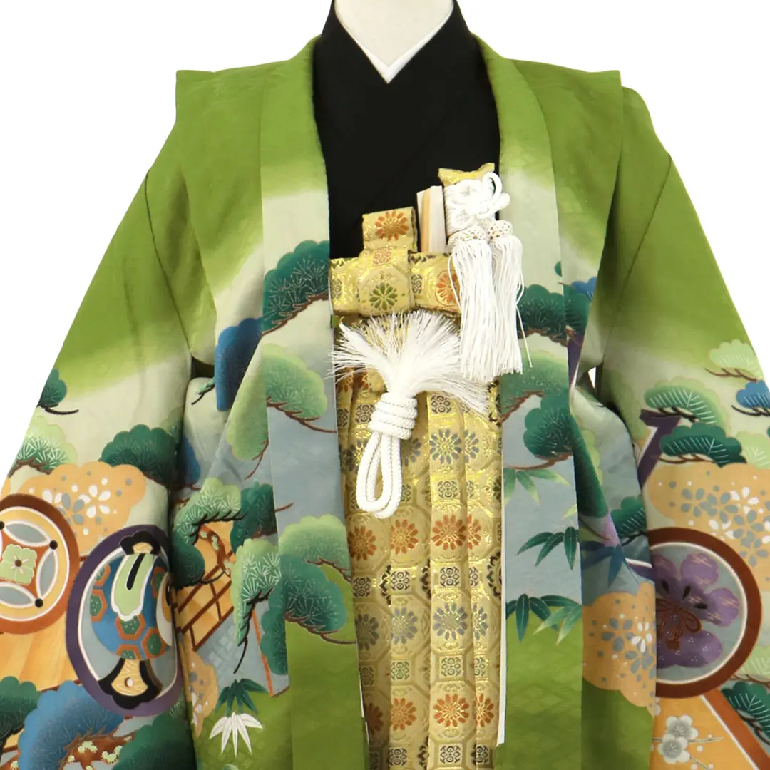 抹茶色に兜と衝立、金襴の袴／七五三・五歳男の子・袴 | 宅配着物