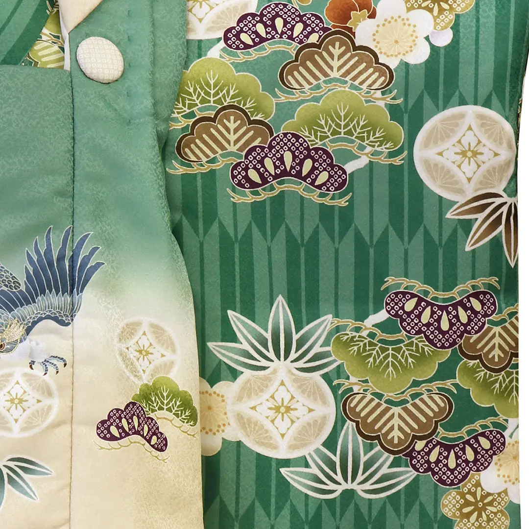 花うさぎ》緑地に濃緑の矢絣と松竹梅、鷹の被布コートセット／七五三