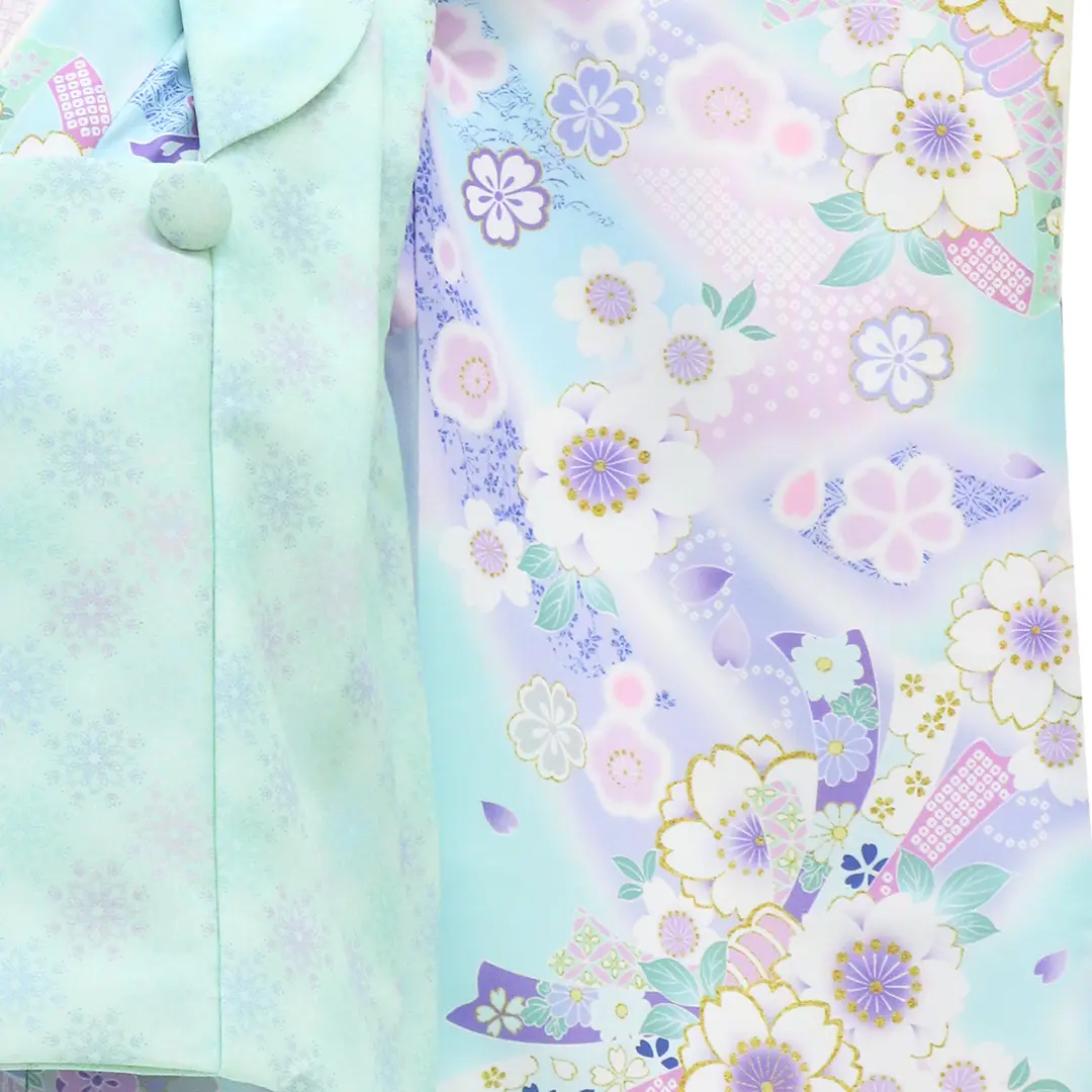 KAGURA》 水色に桜と熨斗、ミントブルーの被布コートセット／小さめ