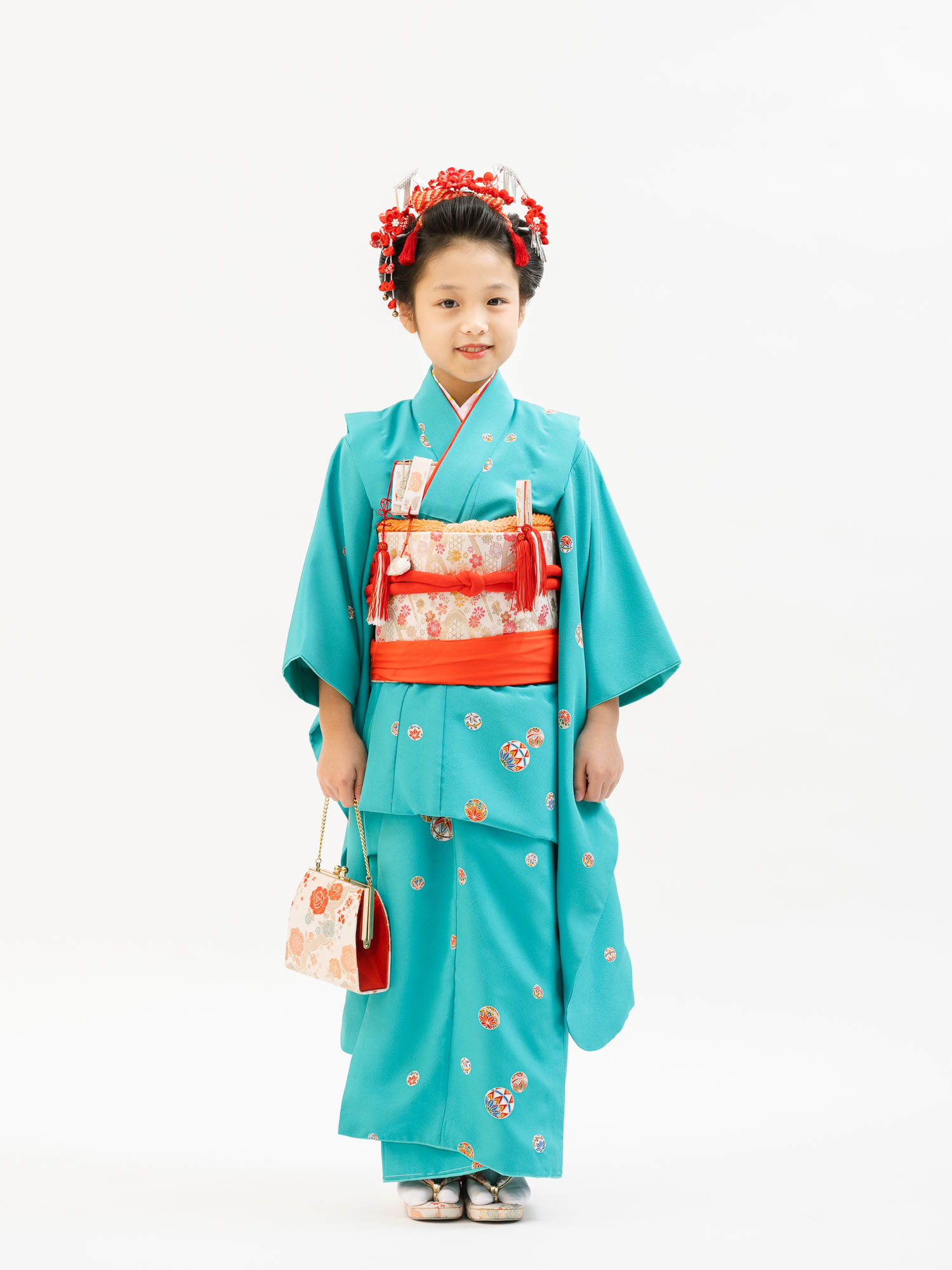 高級7歳女の子の着物レンタル】濃いめの水色が可愛い七五三の着物