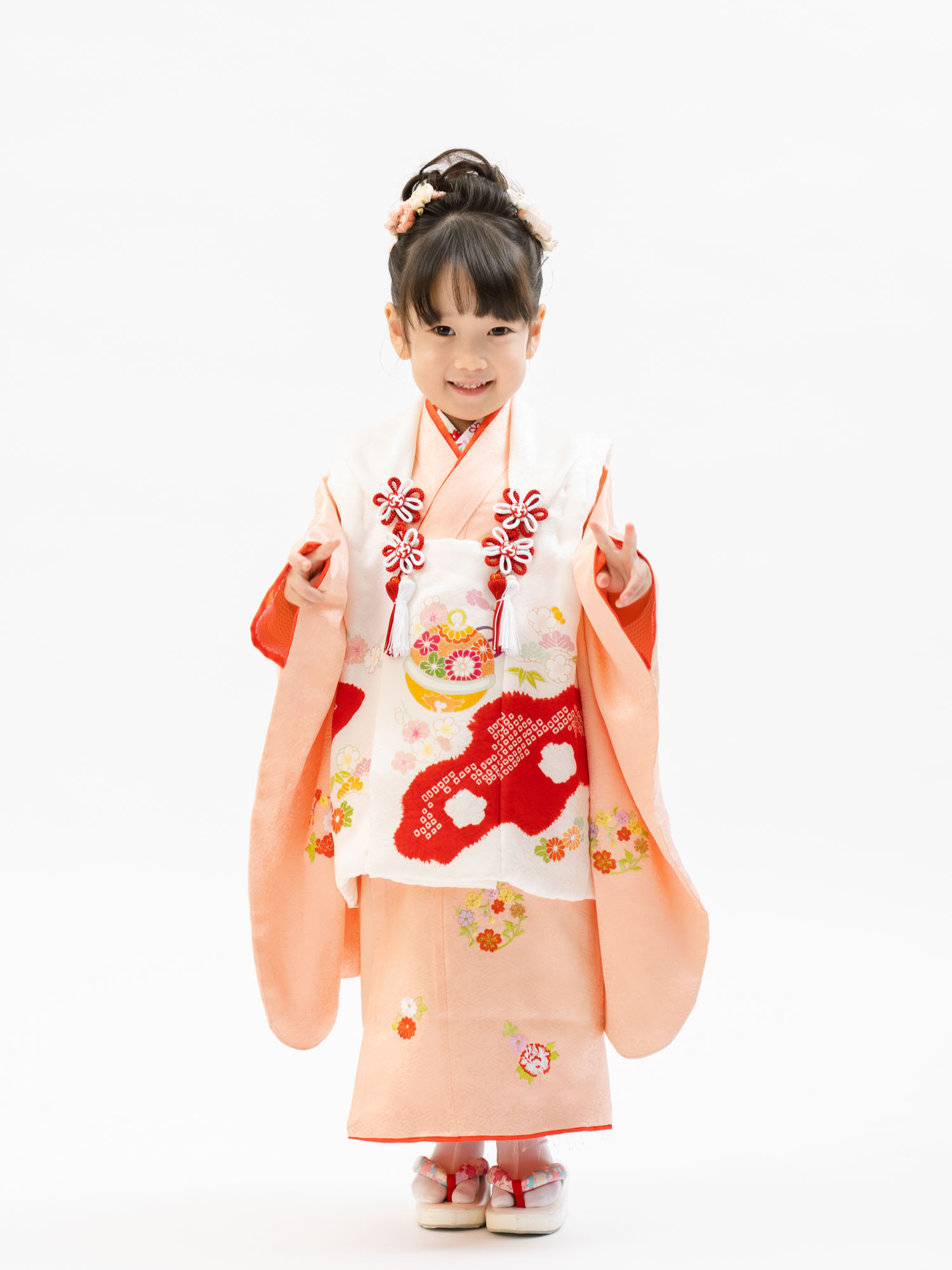 七五三の正絹着物レンタル】 三才の女の子用被布セット 着物：サーモン