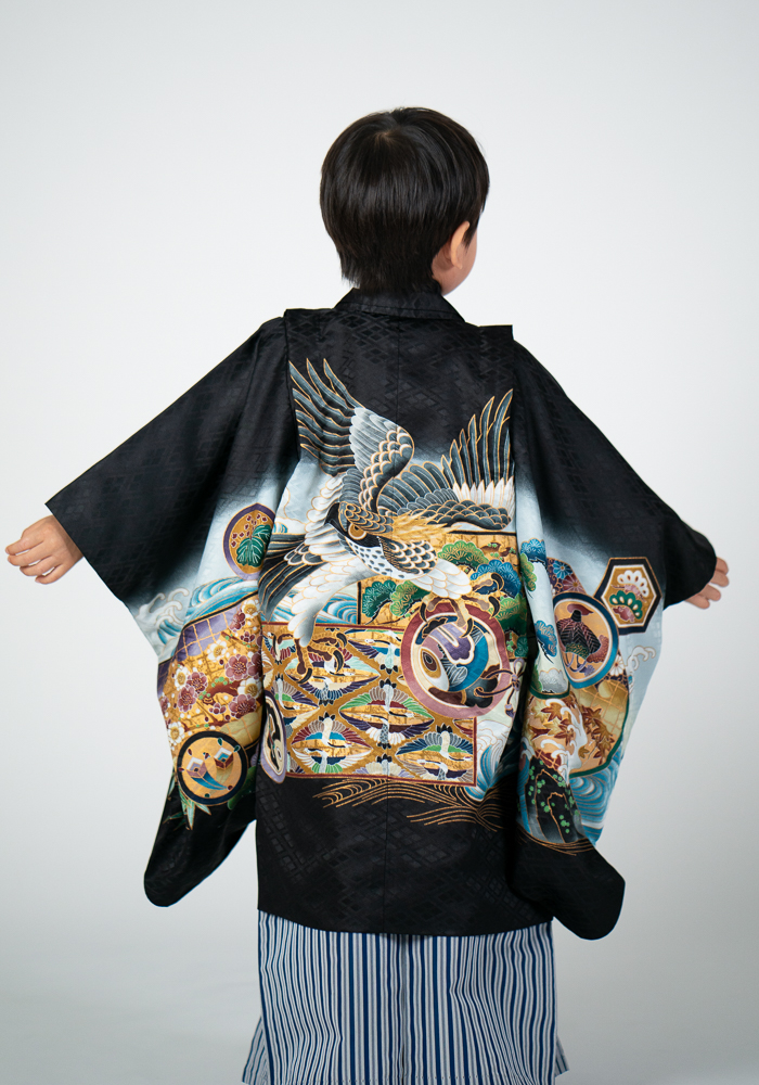 5歳・七五三の男子着物と袴レンタル】黒色 鷹・打ち出の小槌の柄 品番