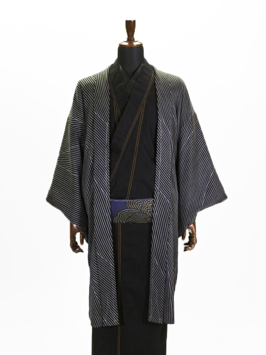 メンズ プレタ単衣羽織PH22-16-03 ギシャ ストライプ（黒） アウター